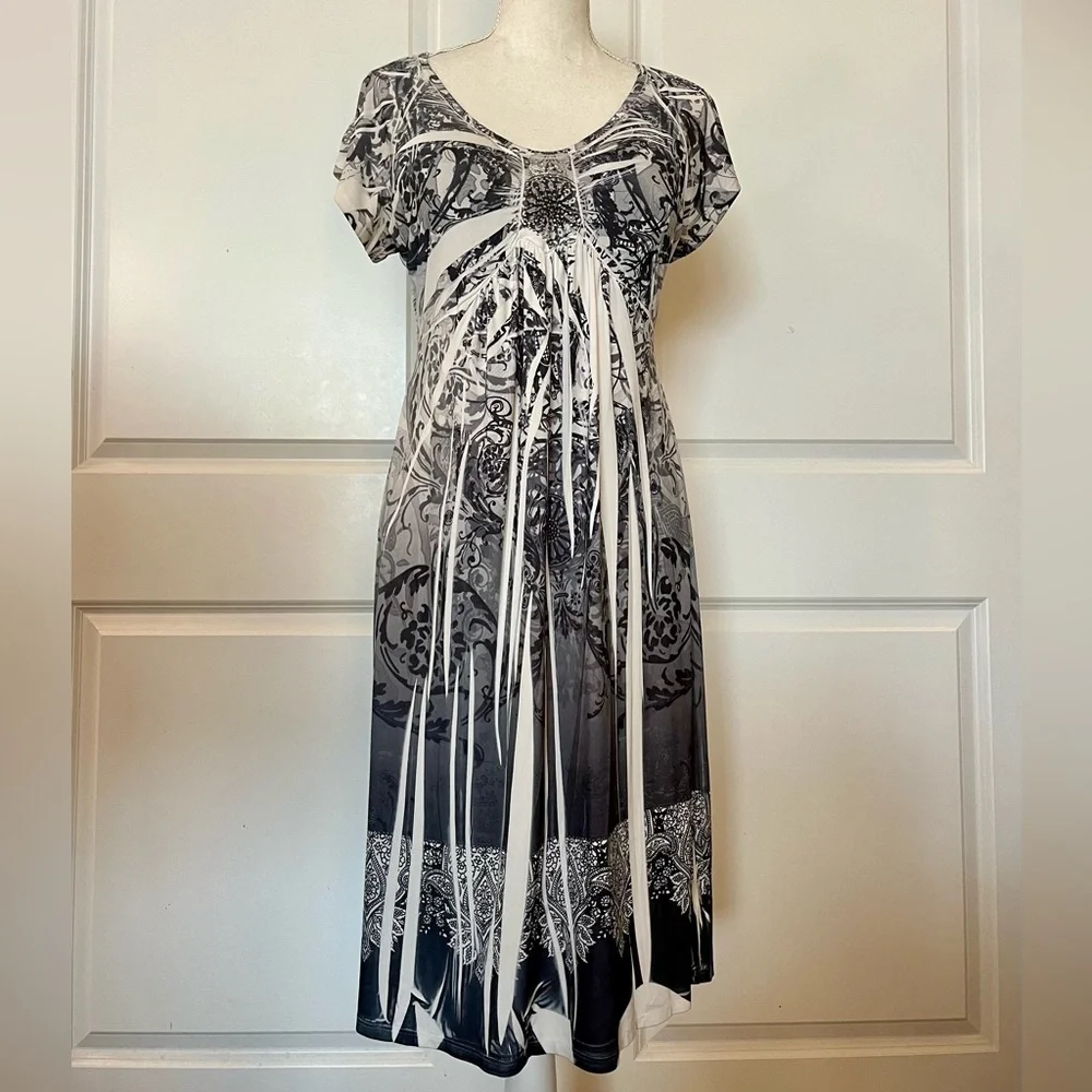 Vtg Y2K Boho Apt.9 Midi Stretch Dress Gray White Pattern Dye Print Scoop Neck MD - Picture 2 of 15